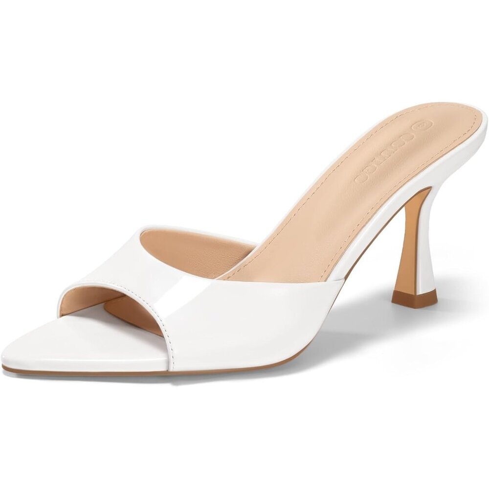 Women's White Heeled Mules Pointed Peep Toe High Heels Slip On Backless Mule